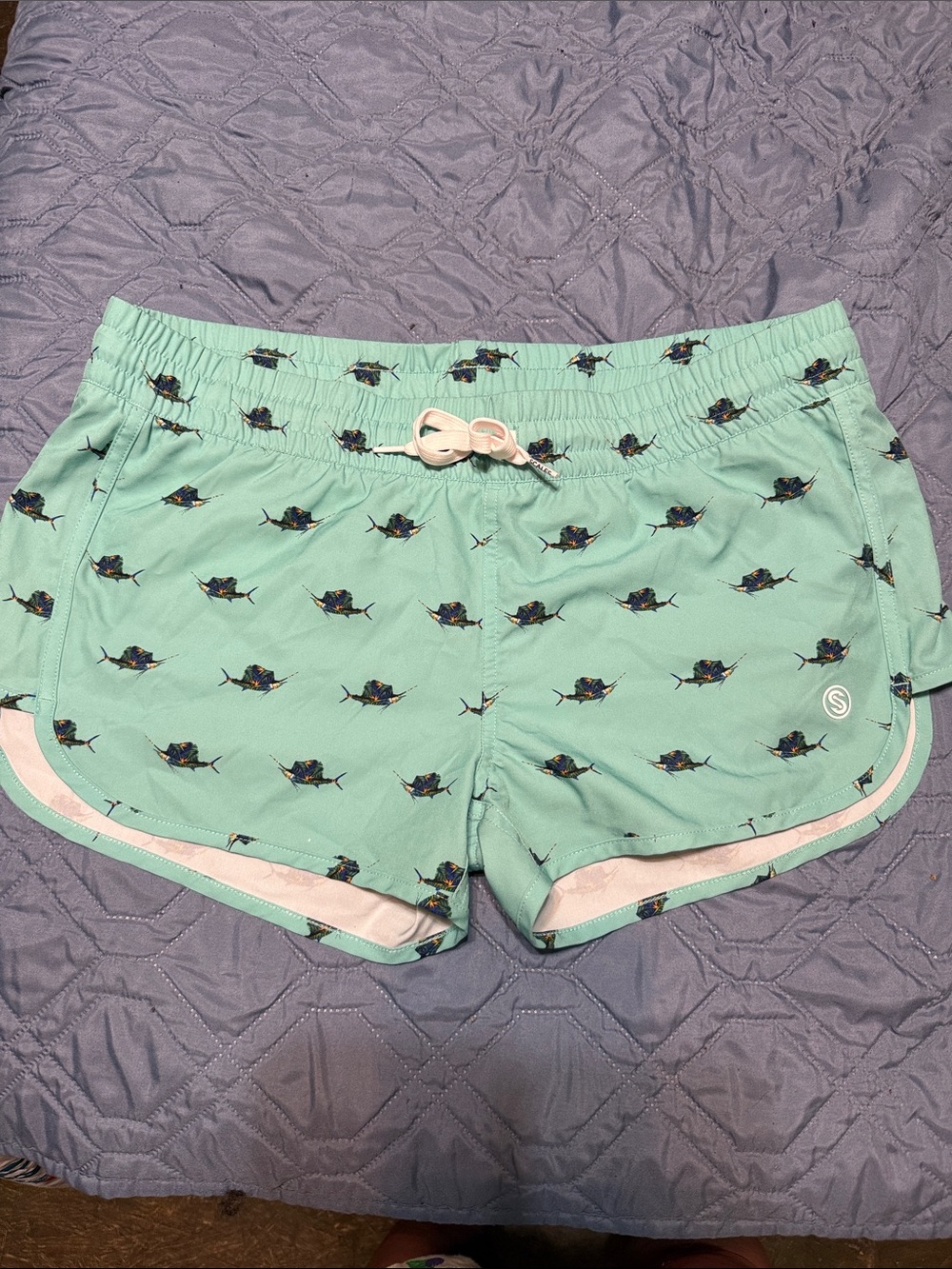Women’s light blue  Athletic Swim Shorts with Marlin Print